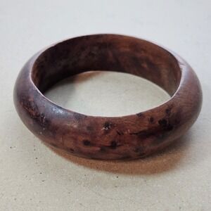 Vtg 70s Burl Wood Bangle Bracelet Chunky Hand Carved Dark Brown Birdseye Grain
